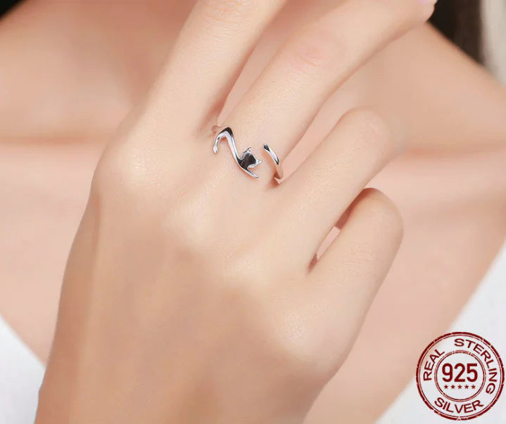 S925 Silver Cat Ring - Cute Cat Design
