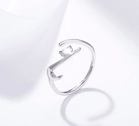 S925 Silver Cat Ring and Crescent Cat Necklace