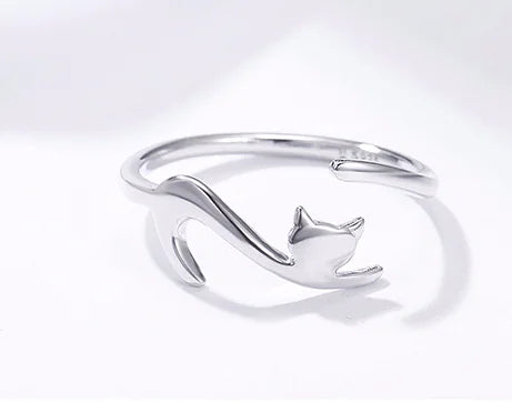 S925 Silver Cat Ring and Crescent Cat Necklace