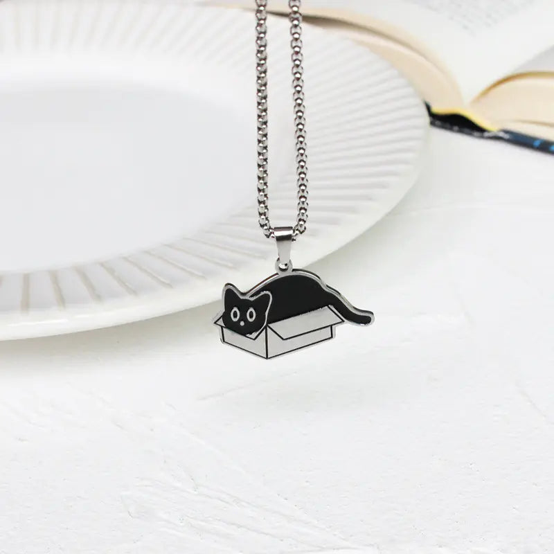 Cat in a Box Necklace - Creative Black Cat Pendant