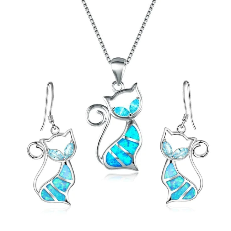 Aopok Cat Silver Pendant and Cat Earrings Set