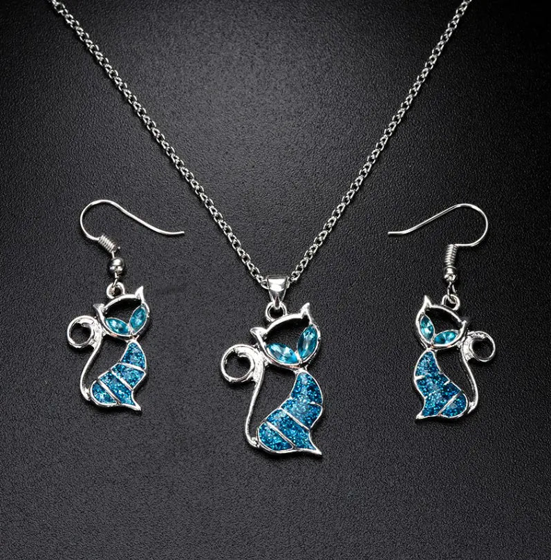 Aopok Cat Silver Pendant and Cat Earrings Set