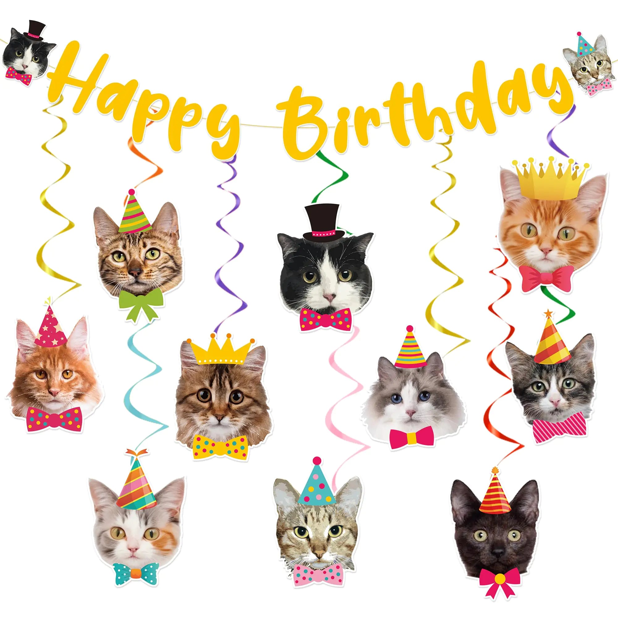 Cat Happy Birthday Banner - Include Hanging Banner and Hanging Swirl Cat Birthday Banner Cat Party Supplies Cute Cat Theme Birthday Party Decor