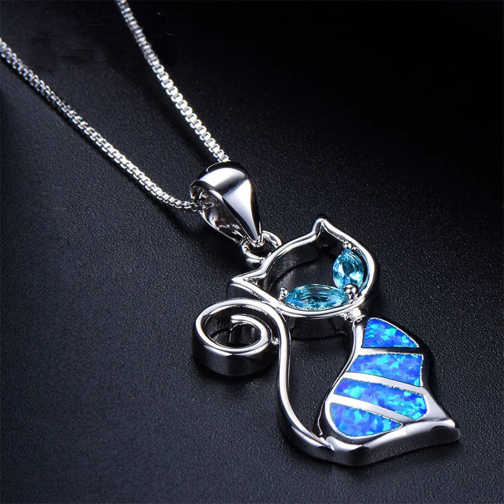 Aopok Cat Silver Pendant and Cat Earrings Set