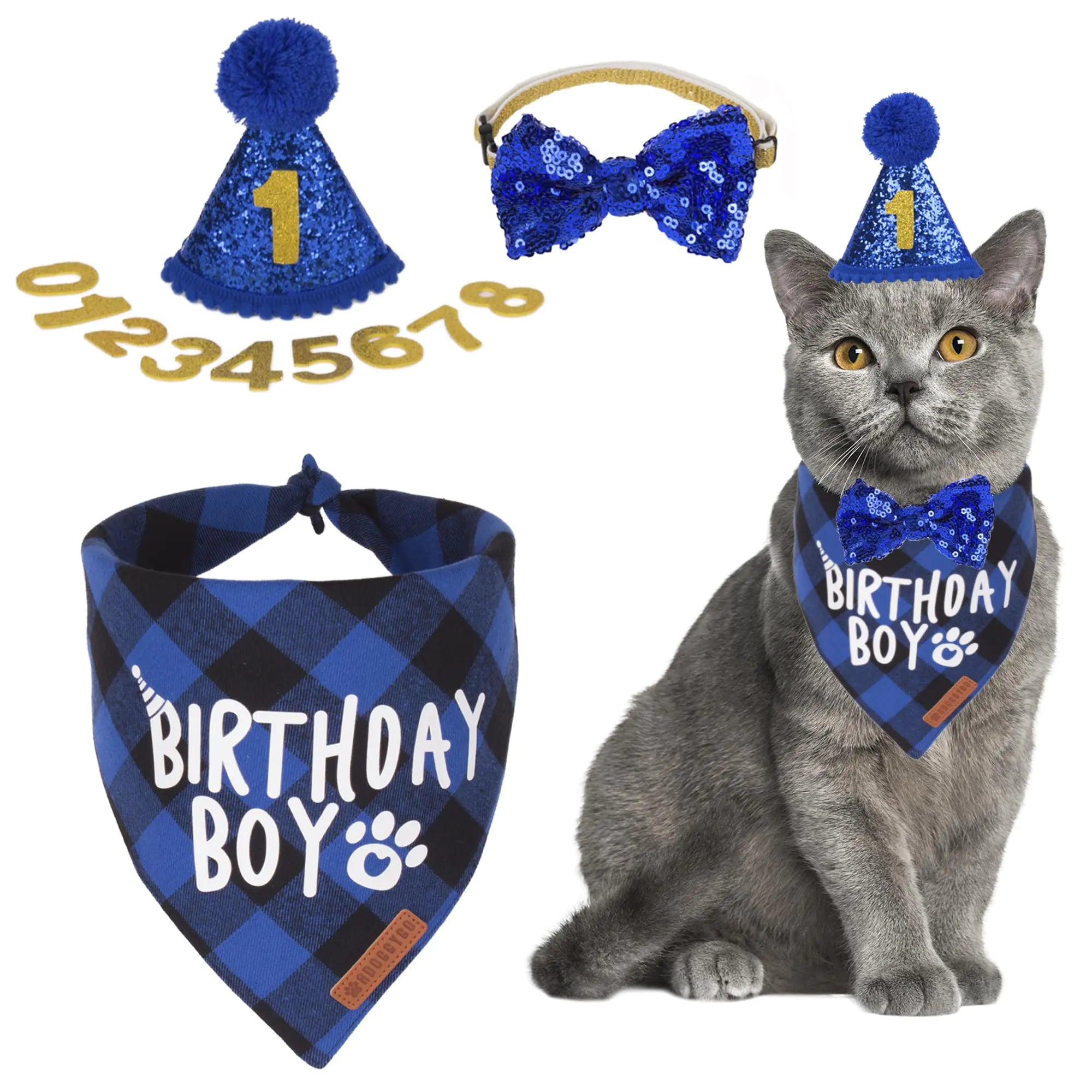 ADOGGYGO Cat Birthday Party Supplies Birthday Boy Plaid Cat Bandana Cute Cat Bowtie Cat Birthday Hat with Numbers Pet Birthday Outfit for Cat Kitten (Blue)