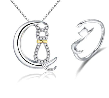 S925 Silver Cat Ring and Crescent Cat Necklace