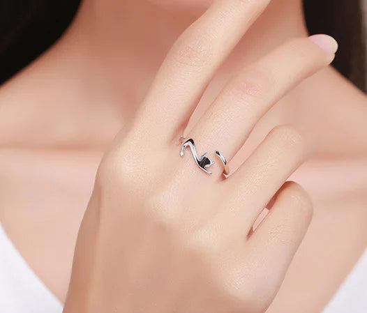 S925 Silver Cat Ring and Crescent Cat Necklace