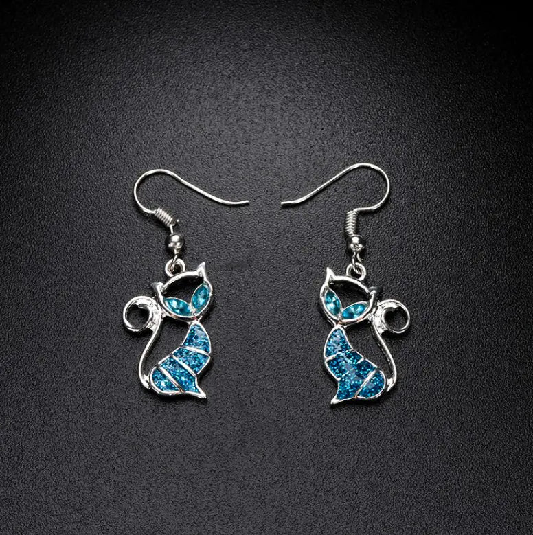 Aopok Cat Silver Pendant and Cat Earrings Set