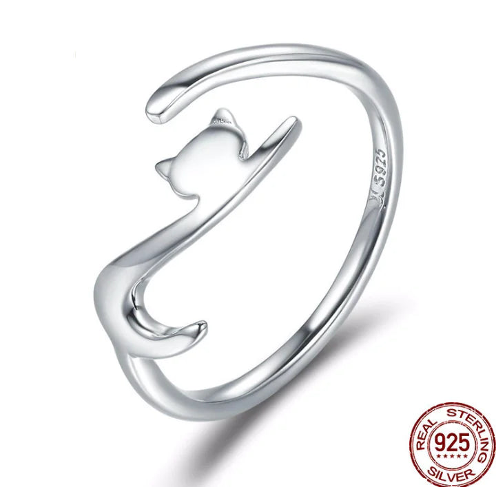 S925 Silver Cat Ring - Cute Cat Design