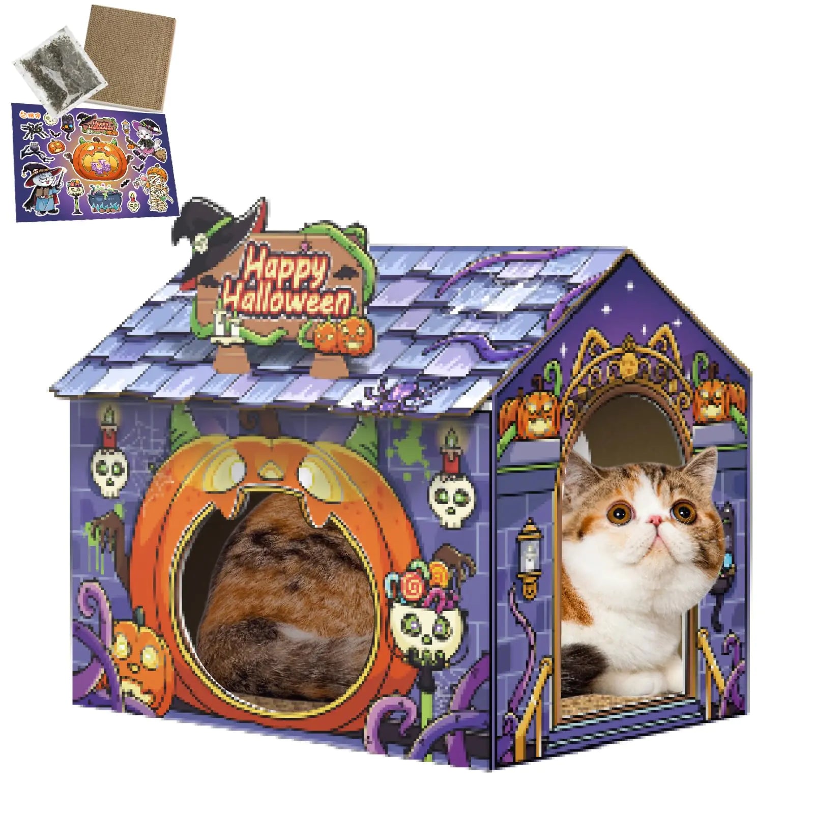 Halloween Cardboard Cat House with Scratcher Cat Beds for Indoor Cats Cat Play House Large Cat Furniture Condo Cave Tent Cat Scratch Toy for Cat Bunny Small Animals