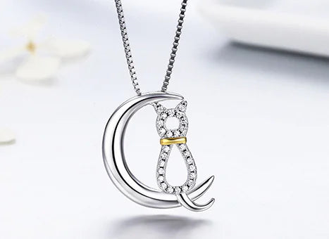 S925 Silver Cat Ring and Crescent Cat Necklace