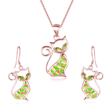 Aopok Cat Silver Pendant and Cat Earrings Set