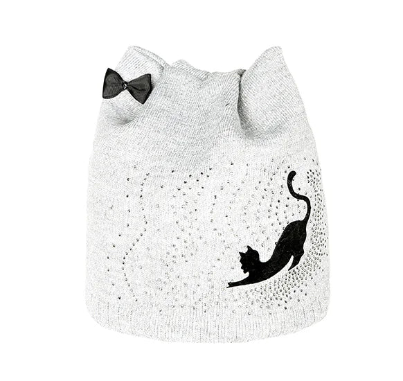 Knit Hat with Cat Ears and Bow - Little Black Cat