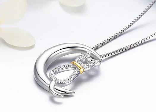 S925 Silver Cat Ring and Crescent Cat Necklace