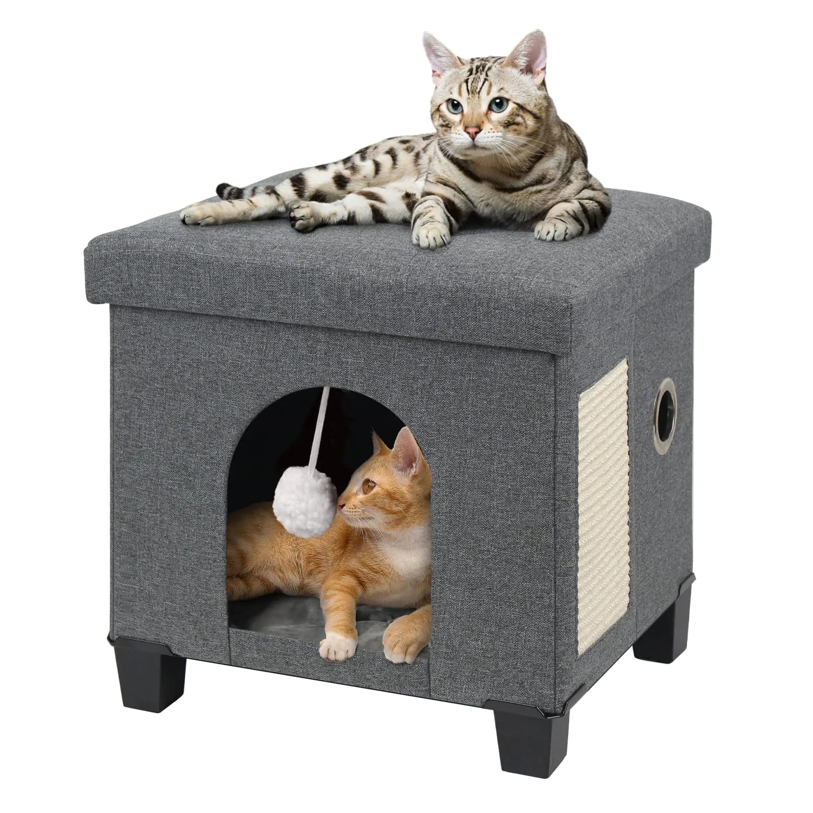 BRIAN & DANY Foldable Cat Bed for Indoor Cats Large Cat Cube for Pet Cat House with Cat Scratch Board & Cat Ball 14.7” x 12.7” x 14.1” Grey